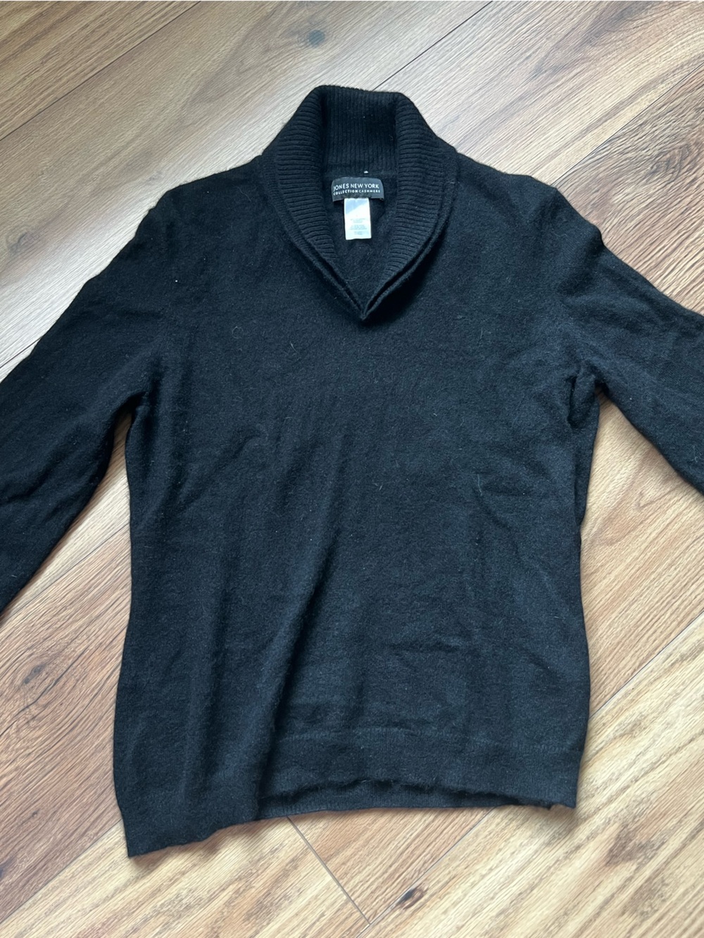 Jones New York Collection 100% Cashmere Black V-Neck Ribbed Collar Sweater L